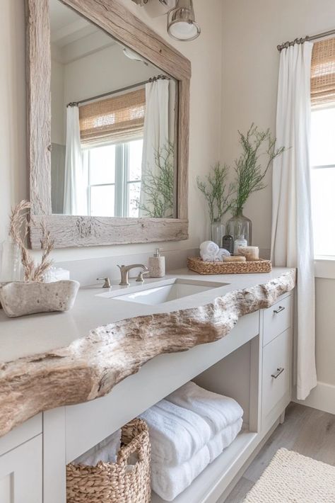 29 Coastal Farmhouse Bathroom Ideas to Create a Serene Oasis 9 Coastal Farmhouse Bathroom Ideas, Rustic Beach Bathroom, Costal Farmhouse, Small Coastal Bathroom, Driftwood Bathroom, Coastal Farmhouse Bathroom, Vibe Bathroom, Modern Coastal Bathroom, Seaside Bathroom