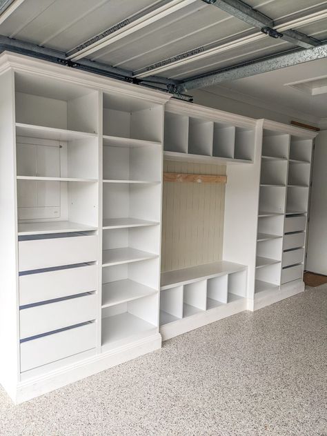 How We Completed A Beautiful Garage Mudroom in Three Days - Sarah Wimberley Mushroom In Garage, White Garage Interior, Easy Mudroom, Garage Mud Room, Beautiful Garage, Mud Room Garage, Garage Door Rollers, Garage Mudroom, Garage Storage Inspiration