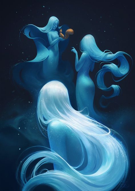 ArtStation - Le trio hivernal, Ashline Painting Illustrations, The Art Showcase, Art Showcase, Splash Art, 인물 드로잉, Mystical Creatures, Ethereal Art, Sirens, Mythical Creatures