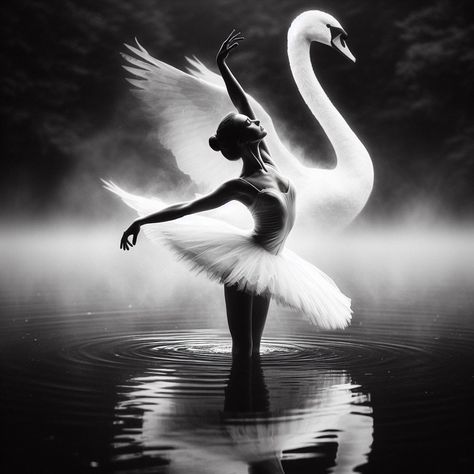 swan dance #ai #aiart Bing Black Swan Vs White Swan, Drawings Of Ballerinas, Black Swan Photoshoot, Ballet Black And White, Swan Lake Aesthetic, Anime Ballet, Ballet Couple, Swan Tattoo, Lake Theme