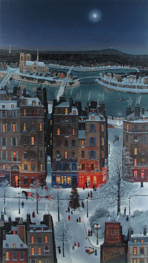 Michel Delacroix, Noel de neige sur Paris, Serigraph on Paper, Limited Edition Arte Naive, Maurice Utrillo, Winters Tafereel, Wallpaper Natal, L Wallpaper, Arte Folk, Francisco Goya, Illustration Noel, Winter Illustration