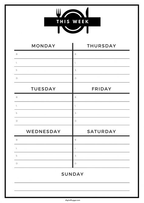 Black-and-White Weekly Menu Planner (Printable PDF) - Digital Hygge dailyofficeplanner #digitalplannersticker #freemealprep #dailyplannertemplate Weekly Dinner Planner Printable Free, Weekly Menu Planner Printable Free, Weekly Menu Printable Free, Weekly Meal Planner Printable Free, Planner Setup Ideas, Menu Mingguan, Weekly Menu Printable, Menu Planning Printable, Dinner Planning Weekly