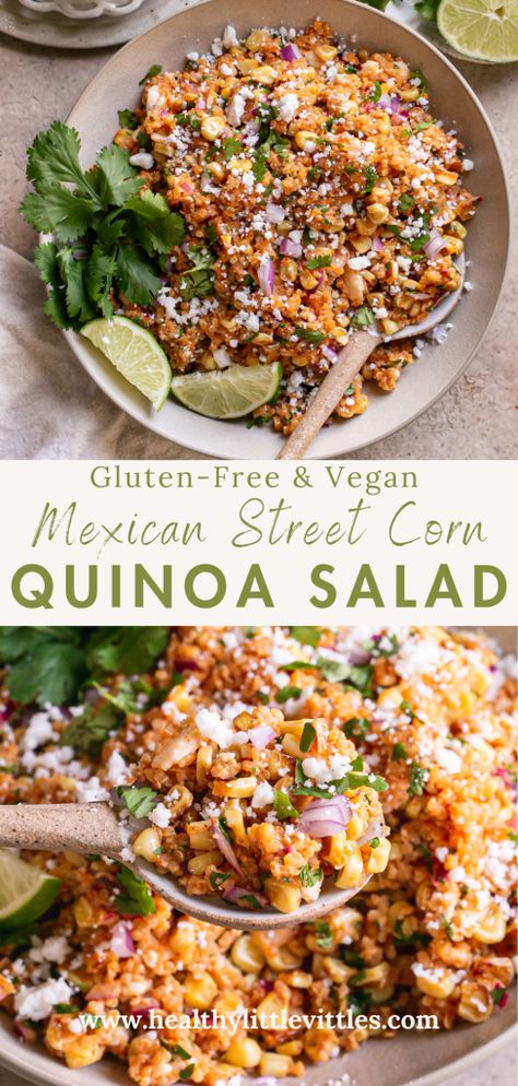 This Dairy-Free Mexican Street Corn Quinoa Salad is a fun spin on Mexican Street Corn! With a boost of complete protein from the quinoa and the delicious dairy-free smoked paprika dressing, this is sure to be on your summer picnic side dish rotation! Quinoa Meals Vegetarian, Quinoa Meal Recipes, Dinner Ideas With Quinoa, Vegan Party Side Dishes, Mexican Street Corn Quinoa Salad, Quinoa And Corn Salad, Gluten And Dairy Free Lunch Meal Prep, Delicious Quinoa Salad, Mexican Street Corn Dinner