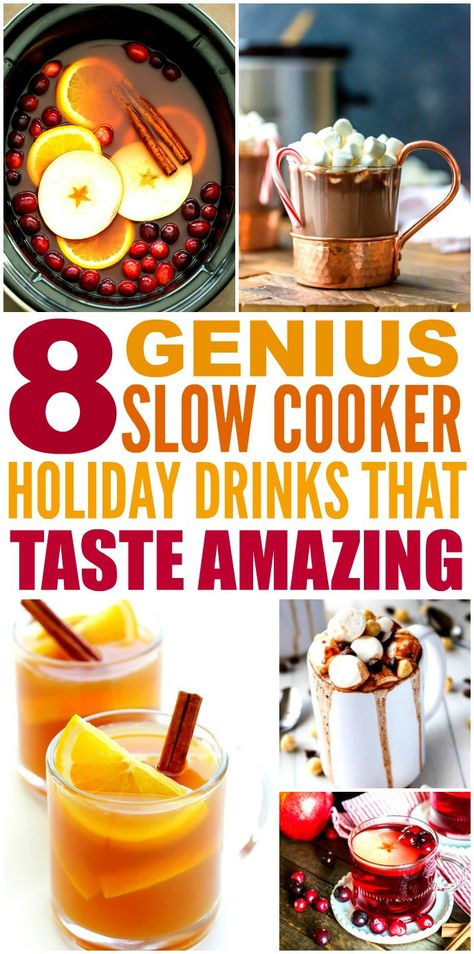 These 8 Genius Slow Cooker Holiday Drinks are THE BEST! I'm so glad I found these GREAT recipe! Now I have some tasty drinks for the Christmas and New Years! Definitely pinning! Slow Cooker Drinks, Crockpot Drinks, New Year's Desserts, Vegan Candies, Tasty Drinks, Slow Cooker Desserts, Cooking Classy, Super Easy Recipes, Holiday Drinks