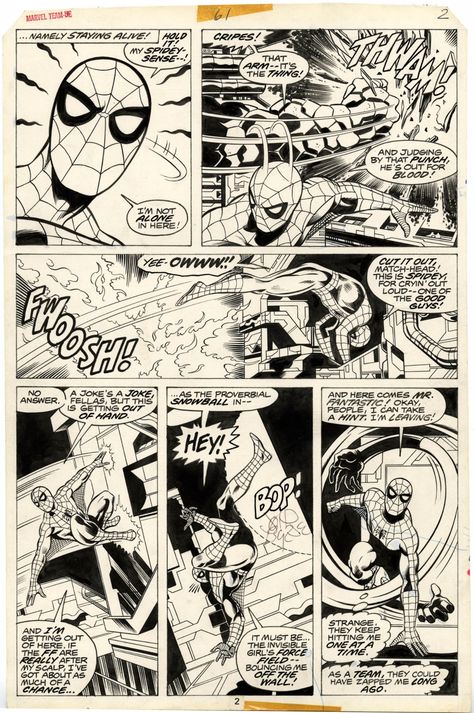 MARVEL TEAM-UP #61 PAGE ( 1977, JOHN BYRNE ) PRIME ERA BYRNE PAGE WITH SPIDER-MAN IN EVERY PANEL FENDING OFF AN ATTACK BY THE SUPER-SKRULL Comic Art Manga Spiderman, Black And White Comic Art, Spiderman Comic Books, Spiderman Poster, Party Prizes, Comic Book Art Style, John Byrne, Pahlawan Marvel, Comic Book Pages