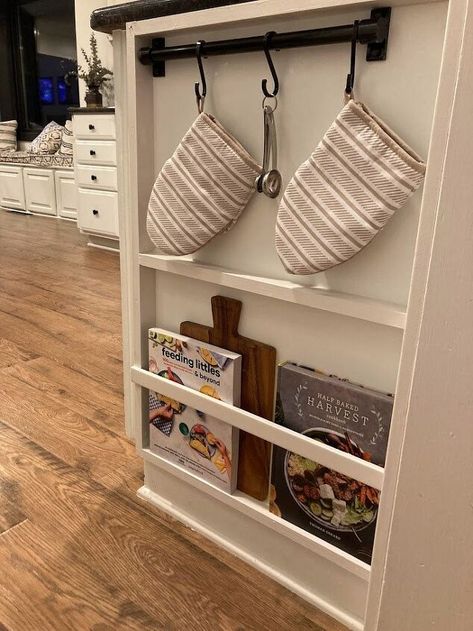 Side Of Counter Ideas, Cabinet Side Storage, Side Of Cabinet Spice Rack, Side Of Oven Storage, End Of Cupboard Ideas Kitchen Cabinets, Kitchen End Unit Shelves, End Of Counter Storage, Kitchen Island Side Panel Storage, Side Of Kitchen Cabinet Ideas Storage