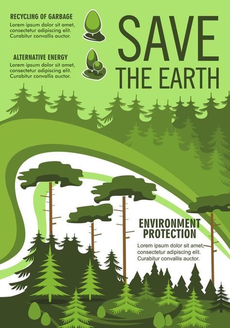 Save Earth poster with green nature ecology tree Poster Design Environment, Energy Saving Poster, Save Earth Poster, Save Energy Poster, Save Earth Posters, Saving The Earth, Illustration Artwork Inspiration, Promo Flyer, Earth Poster