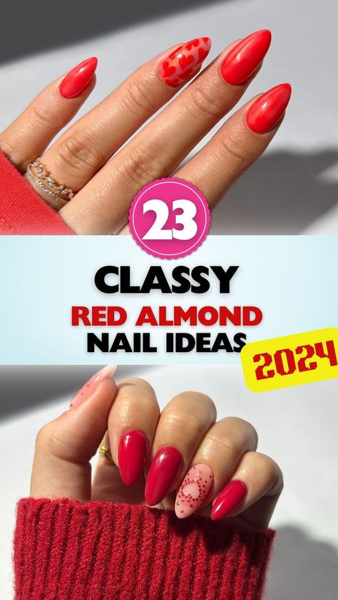 Embrace elegance with these stunning red almond nails. Perfect for making a bold yet classy statement. #ClassyAlmondNails #RedNailArt Red Almond Nails, Almond Nails Red, Almond Nail Ideas, Classy Almond Nails, Red Nail Art, Black Designs, Classy Nail Designs, Nails Now, Classic Nails