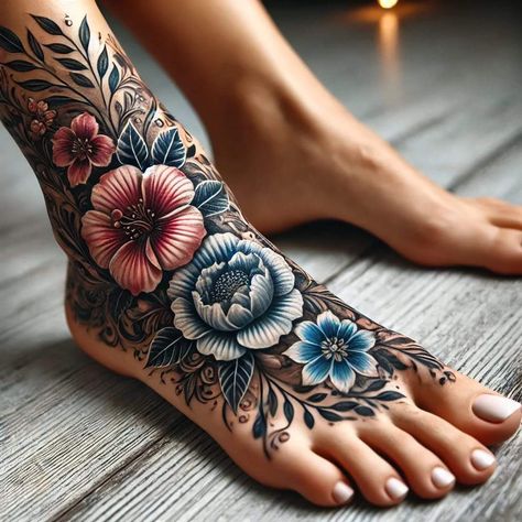 Ankle To Calf Tattoos For Women, Wrap Around Leg Tattoo Women Flowers, Women’s Ankle Tattoo Cover Up, Lotus Flower Tattoo Ankle Cover Up, Floral Feet Tattoos, Full Foot Tattoos, Floral Foot Tattoos For Women, Large Flower Ankle Tattoo, Floral Foot Tattoo