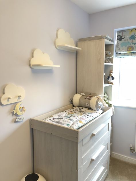 Grey And White Cloud Nursery, Cloud Shelves Nursery, Cloud Theme Bedroom, Nursery Cloud Theme, Sky Nursery Theme, Baby Cloud Nursery, Box Room Nursery, Cloud Themed Nursery, Cloud Theme Nursery