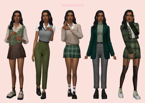 Green Academia 🦎🧪 Ts4 Lookbook Maxis Match, Sims 4 Cc Green Clothes, Dark Academia Skirt, Green Academia, Dark Academia Outfits, Dark Academia Clothes, Academia Clothes, Fishnet Socks, Academia Outfits