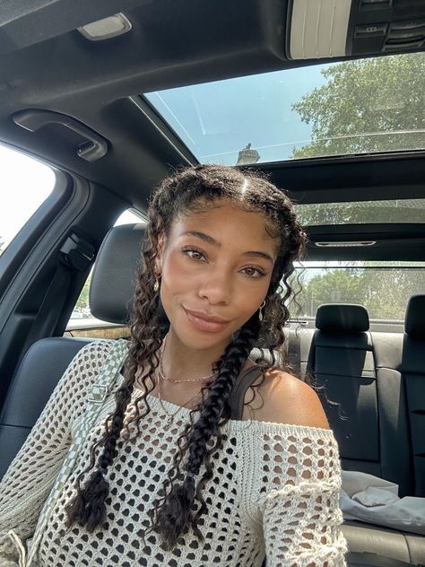 Curly Hair With Some Braids, Curly Hair Loose Braid, Two Braids Hairstyle Curly Hair, Earth Day Hairstyles, Curly Natural Braids, Curly Braid Ideas, Natural Hair Styles Summer, Summer Hair Styles Curly Hair, Two Braids On Curly Hair