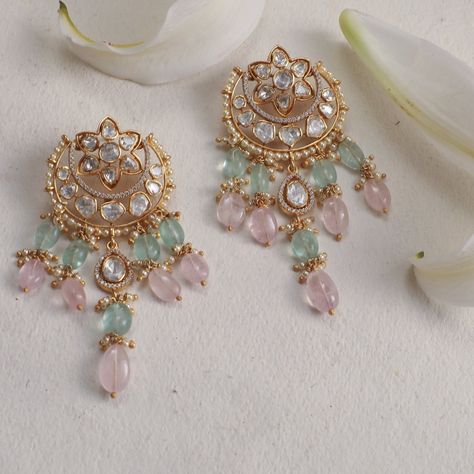 Description Our unmistakable identity reflects on Mehnoor, crafted with gold-plated silver with expert artisanal skills. The iconic Indian crescent motif is enhanced with pink and green pastel beads cascading down. These drop earrings are finished delicately with pearl clusters. Subtle and sophisticated style, for your significant soirees. Product Information Materials used: 925 Silver with 1.0-microns Gold Plating Stones: Semi-precious stones Length: 8 cm Findings: Push-type closure Desi Earrings, Pastel Moodboard, Pakistan Jewelry, Haldi Jewellery, Fashion Jewelry Necklaces Gold, Pastel Jewelry, Bridal Jewelery, Pretty Jewelry Necklaces, Henna Party