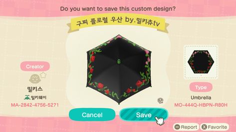 Hi! Thank you for checking out this pin🌺🌸🌺🌸 Credits to artist above every MA! Visit my page for more designs like this 🌷🌺🌸 have a wonderful day! Animal Crossing Design Codes Umbrella, Animal Crossing Umbrella Code, Acnh Umbrella Design Code, Animal Crossing Umbrella Design, Acnh Umbrella Design, Acnh Umbrella, Acnh Witchcore, Rose Umbrella, Acnh Tips