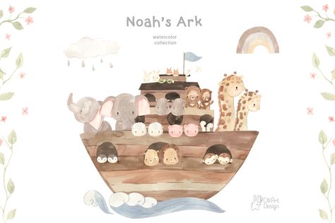 Noah's Ark with animals. Bear, bunny, elephant, giraffe and other Noahs Ark Animals, Noah S Ark, Baby Fabric, Watercolor Set, Noah's Ark, Noahs Ark, Fabric Panel, Clipart Design, Digital Print Fabric