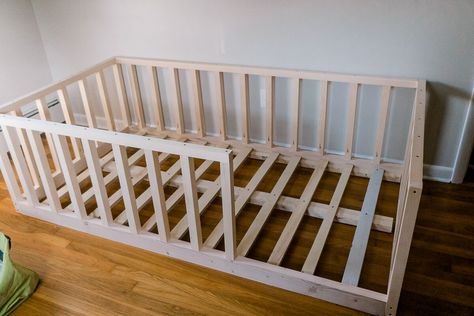 DIY twin floor bed with rails that your toddler will love - If Only April Build Floor Bed, Twin Bed Rails, Toddler Floor Bed Twin, Kids Floor Bed Frame, Diy Full Floor Bed, Floating Toddler Bed, Cheap Floor Bed, Twin Bed Crib, Floor Beds For Twins