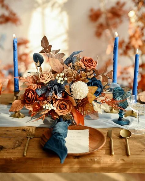 Royal Blue Fall Wedding, Denim Blue Wedding, Blue And Orange Wedding Decor, Terracotta And Blue Wedding Flowers, Dusty Blue And Rusty Orange Wedding, Cobalt Blue Wedding Theme, Dusty Blue And Rust Wedding Flowers, Dusty Blue And Terracotta Wedding Theme, Fall Wedding Orange And Blue