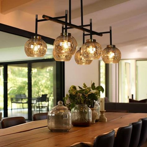 Modern Glam 3/6-Light Black Gold Linear Chandelier Kitchen Island Pendant Lights with Mercury Glass - On Sale - Bed Bath & Beyond - 35433705 Dining Room Chandeliers Transitional, Mixed Metals Decor, Dinning Room Light Fixture, Kitchen Table Lighting, Dining Room Light Fixture, Chandelier Kitchen, Kitchen Island Chandelier, Transitional Chandeliers, Dining Room Light Fixtures