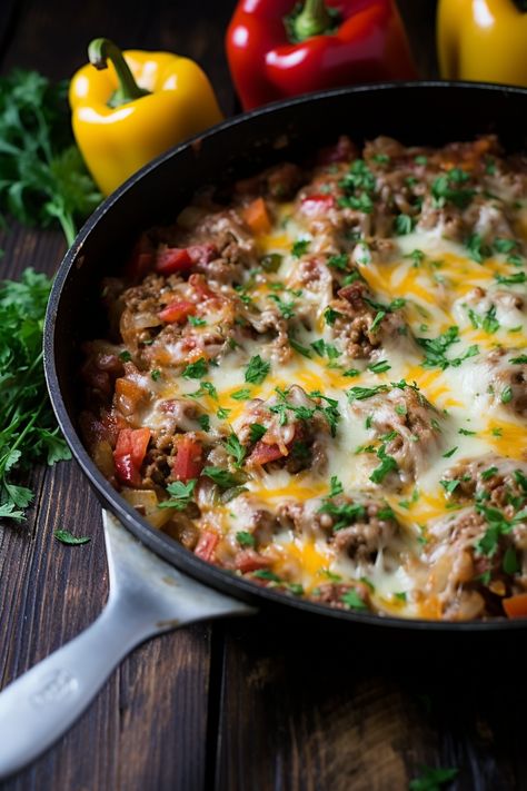 Ground Beef Stuffed Pepper Skillet - That Oven Feelin Fluffy Jasmine Rice, Stuffed Pepper Skillet, Pepper Skillet, Unstuffed Peppers, Stuffed Peppers Beef, Stuffed Pepper, Kitchen Smells, Lean Beef, Gooey Cheese