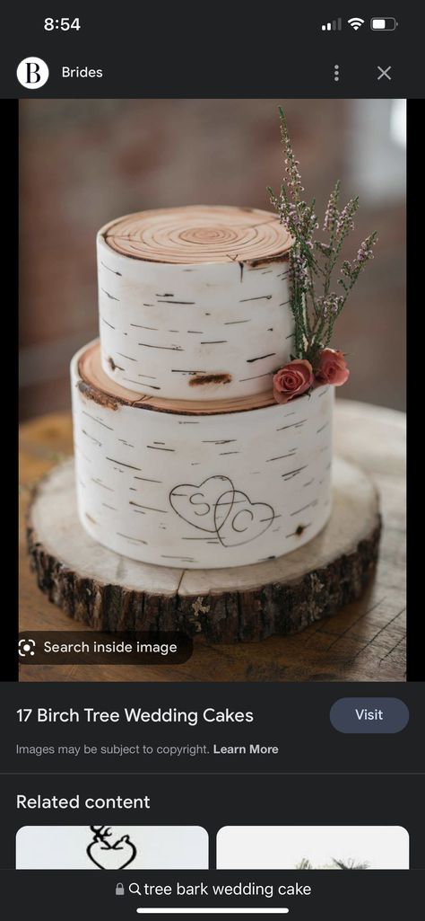 Fall Wedding Cakes Two Tier, Wedding Cake On Wood Slice, Birch Cake Tutorial, Aspen Tree Wedding Cake, Birch Bark Wedding Cake, Mountain Wedding Cake Ideas, Wedding Cake Mountain, Birch Bark Cake, Woodsy Wedding Cake