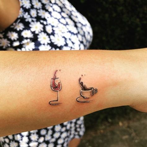 CafeMom.com : Wine & Coffee Tattoo : 20 Wine Tattoos We Happily Raise a Glass To -- Is there anything more a mom really needs? For moms who enjoy alcohol, wine at night and coffee in the morning is probably the perfect day. Both keep us going in totally different ways, Cheers to that! Wine Tattoos, Wine Glass Tattoo, Simbolos Tattoo, Wine Tattoo, Tattoo Line Art, Tattoo Cafe, Matching Friend Tattoos, Cup Tattoo, Food Tattoos