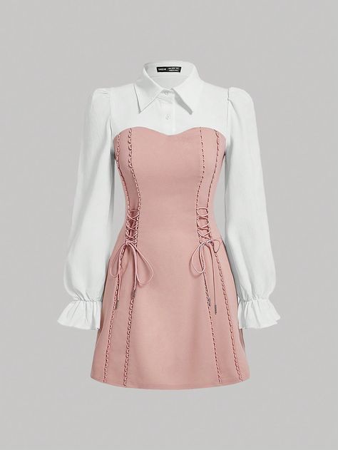 Women'S Side Tie Color Block Dress Pink Elegant  Long Sleeve Knitted Fabric Colorblock A Line,Shirt Medium Stretch  Women Clothing, size features are:Bust: ,Length: ,Sleeve Length: Pink Dress Collar, Cute Dresses With Long Sleeves, Fantasy Dress Casual, Camisa Aesthetic, Cute Pink Clothes, Pink Dress Elegant, Pink White Outfit, Rich Dresses, Pink And White Outfit