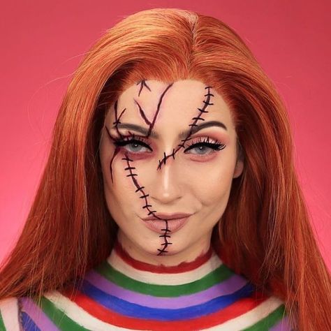 Girl Halloween Face Makeup, Chucky Glam Makeup, Womens Chucky Makeup, Chuky Doll Makeup, Chucky Halloween Costume Female Makeup, Chunky Halloween Makeup, Chucky Makeup Female Glam, Chucky Scary Makeup, Chucky Make Up Woman