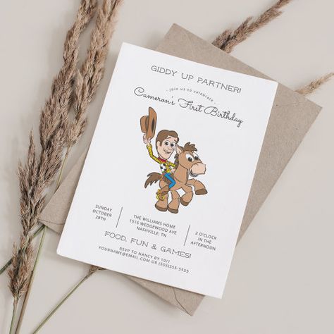 Toy Story Baby Woody 1St Birthday Invitation #zazzle #weddinginvitations #birthdayinvitations #babyshowerinvitations #zazzleinvitations #monogram #businesscards #graduation #homedecor Woodys Roundup Party Invitation, Toy Story First Birthday Invitation, Woody Invitations Toy Story, One Year Old Toy Story Birthday, Neutral Toy Story Party, First Birthday Toy Story Theme, Toy Story Party Invitations, First Birthday Toy Story, Toy Story 1st Birthday Party Ideas