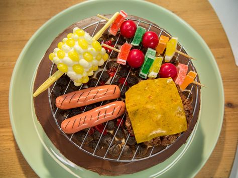 Get-Your-Grill-On Cake recipe from The Kitchen via Food Network Birthday Cake For Dad Father, Cake For Dad, 3d Dort, Puffed Rice Cereal, Dad Birthday Cakes, Birthday Bbq, Puffed Rice, Cake Stuff, Delectable Desserts