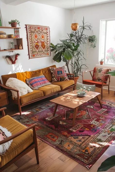 26 Retro Style Living Room Ideas: Embrace Nostalgia and Modern Design - Tips and Inspiration - placeideal.com Boho Living Room Carpet, Colourful Boho Living Room, Retro Style Living Room, Moroccan Rug Living Room, Dark Boho Living Room, Living Room Design Boho, Bohemian Rug Living Room, Boho Chic Living Room, Boho Rugs