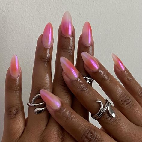 | summer aura + chrome 🌅 @apresnailofficial natural medium almond | Instagram August Nails Chrome, Coloured Ombré Nails, Nail Inspo Chrome French, Cute Trendy Summer Nails, Ora Nails Design, Metallic Aura Nails, Funky Chrome Nails, Chrome Nails Multi Color, Almond Nails Designs 2024