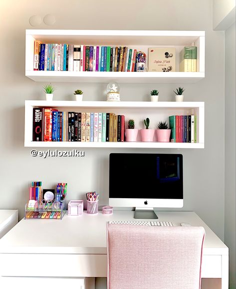 Desks With Bookshelves, Bookshelf Over Desk, Study Desk With Bookshelves, Small Room Bookshelf Ideas, Bookshelves For Bedroom, Bookshelves In Bedroom Small, Bookshelves On Wall, Bookshelves In Bedroom Aesthetic, Bedrooms With Bookshelves