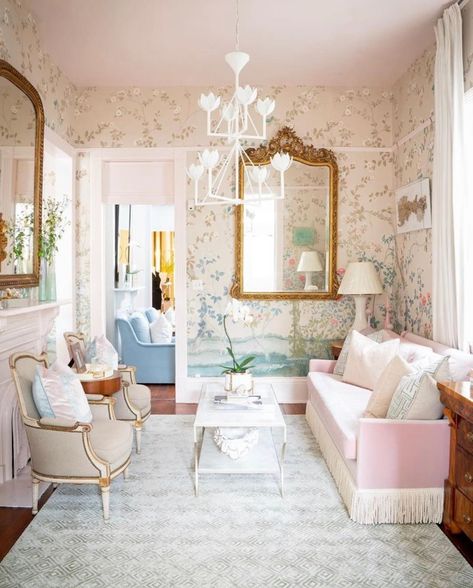 Read More: https://www.stylemepretty.com/living/2020/01/09/what-is-grandmillennial/ Pastel Living Room, Grandmillenial Style, Grandmillennial Style, Mirror On The Wall, Cheap Decor, A Living Room, Design Styles, My New Room, Living Room Inspiration