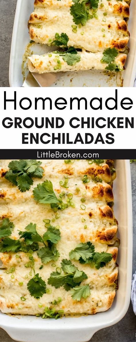 Homemade Ground Chicken Enchiladas are a delicious dish that is ready in under one hour! This ground chicken sour cream enchiladas recipe is such an easy recipe made with a basic filling of ground chicken, spices, green onions, and cilantro. Then rolled up in flour tortillas and topped with a flavorful creamy green sauce and sprinkled with cheese before it’s baked until hot all the way through. Ground Chicken Enchiladas, Homemade Ground Chicken, Chicken Tortilla Recipe, Creamy Green Sauce, Chicken Sour Cream Enchiladas, Ground Chicken Tacos, Chicken Sour Cream, Healthy Taco Recipes, Sour Cream Enchiladas