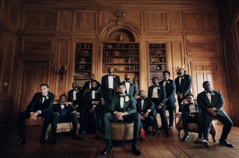 Groom Party Photos Groomsmen, Dramatic Wedding Party Photos, Wedding Party Not Matching, Non Traditional Wedding Party Photos, Big Group Wedding Photos, Unique Groomsmen Photos, Wedding Pictures Groomsmen, Moody Group Photoshoot, Editorial Groomsmen Photos