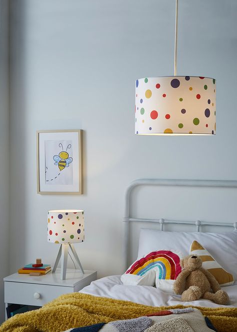 Glow Coloured Dots Light Shade (20cm x 30cm x 30cm) – Multi – Matalan Car Shade, Tripod Table Lamp, Tripod Table, Kid Desk, Pendant Light Shades, Light Shade, The Glow, Childrens Bedrooms, Cotton Lights