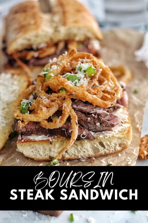 Boursin Steak Sandwich Shaved Steak Sandwich Recipes, Boursin Steak, Ribeye Sandwich Recipe, Pan Seared Ribeye Steak, Fried Onion Strings, Seared Ribeye Steak, Pan Seared Ribeye, Sandwich Spread Recipes, Boursin Recipes