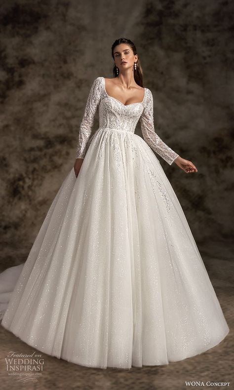 Weddinginspirasi.com featuring - wona concept 2023 bridal long sleeve sweetheart square queen anne neckline heavily embellished bodice a line ball gown wedding dress chapel train (6) mv -- First Look: Wona Concept 2023 Wedding Dresses #wedding #weddings #bridal #weddingdress #weddingdresses #bride #fashion #collection:Notted’Opera #label:WONÁ #week:282022 #year:2023 ~ Princess Wedding Dresses With Lace Sleeves, Lace Wedding Gowns With Sleeves, Royals Wedding Dresses, Modest Wedding Dresses With Sleeves Lace, Covered Back Wedding Dress, Winter Wedding Dress With Sleeves, Princess Wedding Dresses With Sleeves, Wedding Ball Gown With Sleeves, Ballgown Wedding Dress With Sleeves