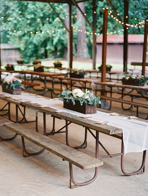 DIY Oregon Wedding at Camp Lane  Read more - http://www.stylemepretty.com/2013/12/30/diy-oregon-wedding-at-camp-lane/ Picnic Table Wedding, Wedding Picnic Reception, Rustic Table Runners, Wedding Backyard Reception, Backyard Reception, Deco Champetre, Pavilion Wedding, Picnic Wedding, Camp Wedding