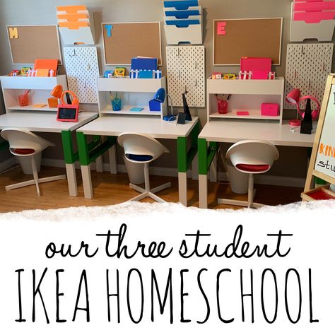 Three student homeschool classroom or homework Station study room  with IKEA products. #homeschool #kidspace #homeworkstation #kidsdesks #studyarea #homeclassroom #ikea Three Desks One Room, Kids Homeschool Desk Work Stations, Homeschool Desk For Two, Ikea Homeschool Room Desks, Homeschool Room Organization Layout, Kids Work Station At Home, Kid Homework Station, Homeschool Desk Setup, Ikea Homeschool Room Ideas