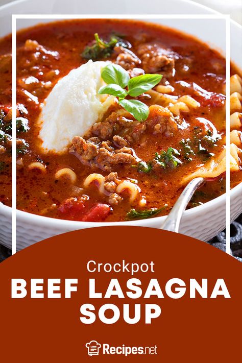 8 hrs. 5 mins. · Serves 5 · Come home to this savory Crockpot Beef Lasagna Soup which is a fun twist on a classic Italian dish! Learn the recipe here.  #Recipes #Food #Crave #Tasty #Yummy #Delicious #FoodTrip #FoodLover #Recipes.net #foodporn #Cook #Cooking #Foodie #foodblog #homemade #Crockpot #BeefLasagna #Soup Easy Crockpot Lasagna Soup, Easy Crockpot Lasagna, Crockpot Lasagna Soup Recipe, Crockpot Lasagna Easy, Lasagna Soup Crockpot, Beef Lasagna, Lasagna Soup Recipe, Crockpot Lasagna, Classic Lasagna