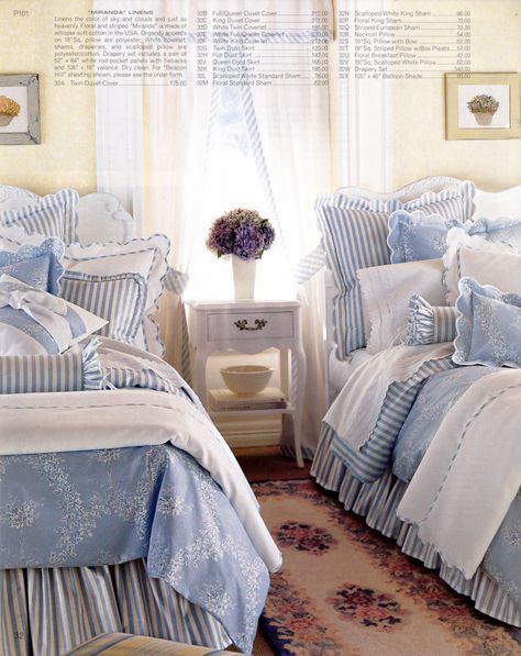 Pale white & blue cottage bedding! Just love the blending of colors and stripes and patterns. Doesn't have to be in blue can change the colors Blue And White Floral Bedroom, Pale Blue Bedding, Cottage Bedding, Sea Cottage, Blue And White Bedding, Blue Shabby Chic, Pale White, Cottage Shabby Chic, French Country Bedrooms