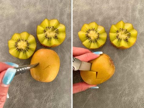 Learn how to cut kiwi flowers for a fun fruit platter presentation idea. Kiwi Flowers Fruit, How To Make Fruit Flowers, Fruit Presentation Ideas Simple, How To Cut Fruit Into Shapes, Fruit Plates Ideas Presentation, Fruit Flowers Diy, Food Presentation Ideas At Home, Decorative Fruit Platters, How To Cut Fruit Fancy