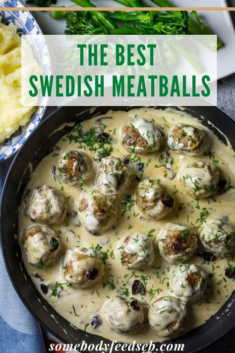 Homemade Swedish Meatballs swimming in sour cream gravy, made with Dijon mustard and dried cranberries, all served with mashed potato and tenderstem broccoli! An easy filling and hearty dinner that is simply perfect for a cold night in! #swedishmeatballs #meatballsauce #sourcreamsauce Best Swedish Meatball Recipe, Easy Swedish Meatball Recipe, Easy Swedish Meatballs, Homemade Swedish Meatballs, Swedish Meatballs Easy, Meatballs Recipes, Beef Meals, Sour Cream Sauce, Swedish Meatballs