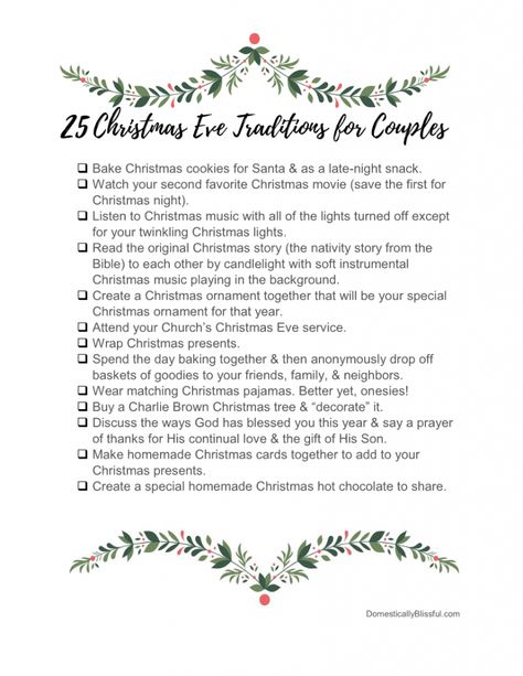 Christmas Checklist For Couples, Couples Holiday Activities, Couple Holiday Traditions, Cute Traditions For Couples, Christmas Eve Schedule, Christmas Eve Family Traditions, Couples First Christmas Ideas, Christmas Couple Traditions, Christmas Traditions Couples