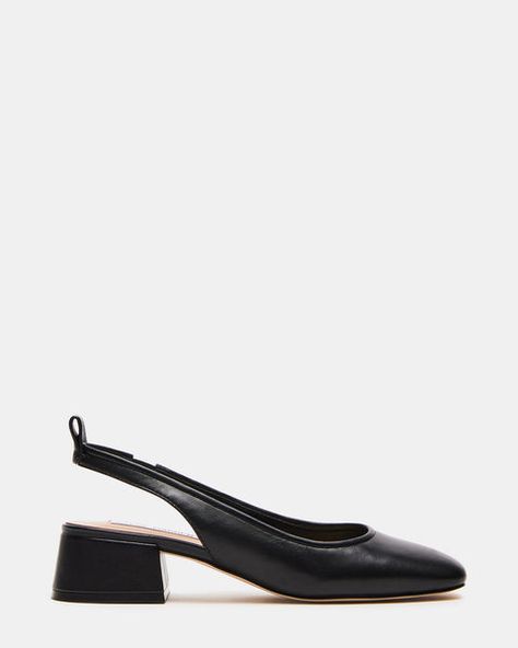 SMITTEN Black Leather Block Heel Slingback | Women's Heels – Steve Madden Black Small Heel Shoes, Ballet Silhouette, Block Heel Slingback, Black Slingback Heels, Steve Madden Store, Nature Dress, 2024 Style, Fall 24, Vintage Heels