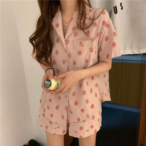 Whoosh Pajama Set: Strawberry Print Short-Sleeved Shirt + Shorts | YesStyle Korean Pajamas, Pajamas Aesthetic, Pijamas Women, Mode Kawaii, Soft Girl Outfits, Girls Nightwear, Pajama Fashion, Cute Sleepwear, Cute Pajama Sets