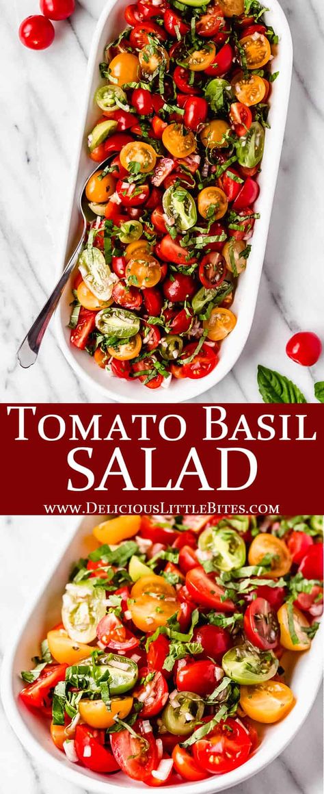 Tomato Basil Salad is the perfect summer side dish to serve at barbecues, cookouts, and picnics outdoors. This healthy recipe features juicy tomatoes and fresh basil, which provide tons of flavor. Quick and easy to prepare, or modify, refreshing Tomato Basil Salad is the versatile, simple side dish you’ve been searching for. | #tomatosalad #marinatedtomatoes #gardentomatoes #heirloomtomatoes, #sidedish #salad Tomato Feta Salad Balsamic, Salad With Lettuce And Tomatoes, Fresh Basil Salad Recipes, Cherry Tomato Basil Salad, Zucchini Tomato Basil Recipes, Tomato Basil Feta Salad, Tomato Pesto Salad, Salads With Fresh Basil, Mediterranean Tomato Salad