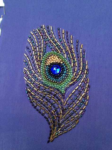 Peacock Beaded Embroidery, Peacock Embroidery Designs Pattern, Hand Bead Embroidery Designs, Handwork Design Unique, Peacock Feather Embroidery Design, Beads Embroidery Designs, Peacock Hand Embroidery, Beaded Peacock Feather, Peacock Feather Embroidery