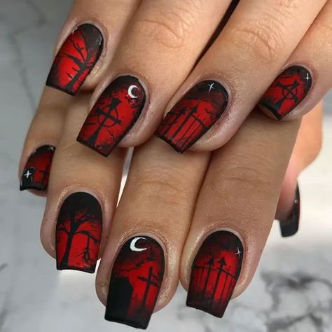 20 Black Halloween Nail Ideas: From Ghosts to Spider Webs, Nail Art to Die For Gel Nails Gothic, Halloween Foil Nails, Scary Nails Designs, Stephen King Nails, Grave Nails, The Shining Nails, Rocky Horror Nails, Exorcist Nails, Dracula Nails